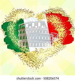 Flag of Italy on grunge heart with Colosseum. Vector Illustration.