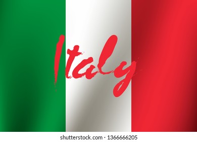 Flag of Italy on the holder and lettering. Green, white and red vertical stripes. Republic of Italy. Design of a symbol, poster, banner. Vector illustration