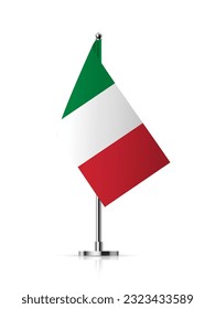 Flag of Italy on pole vector illustration. 3D realistic flagpole on mini steel vertical stand, isolated desktop flagstaff, green, white and red italian flag with stripes on metal sticks.