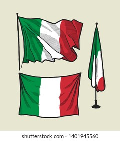 Flag of Italy on the wind and on the wall - vector illustration set
