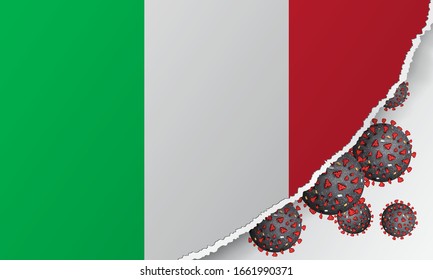 Flag of Italy with outbreak deadly coronavirus covid-19. A large real coronavirus bacteriums against background of the flag of Italy. Concept of coronavirus quarantine. Coronavirus outbreak in Italy.