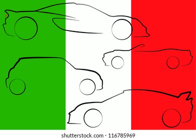 The flag of Italy with the outlines of many cars of different types