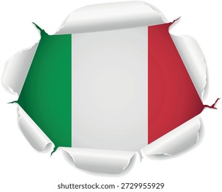 Bandera de Italia. Bandera revelada a través de agujero de papel rasgado con bordes rizados realistas sobre un fondo transparente. Los bordes rasgados se curvan hacia afuera con sombras y profundidad realistas, creando un efecto de revelación sorprendente