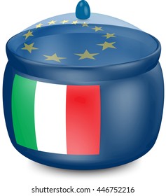 Flag of Italy. Saucepan with a translucent cover. The symbol of the European Union. 3D illustration isolated on white background.