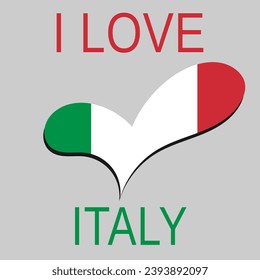 Flag of Italy in the shape of a heart. Phrase I love Italy. National symbols. Heart in flag colors with inscription 