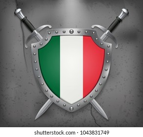 Flag of Italy. The Shield with National Flag. Two Crossed Swords. Vector Medieval Background