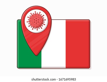 Flag of Italy with the sign of the geolocation of the coronavirus. Covid-19 virus outbreak in Europe. Vector illustration, global problem of the spread of the virus.