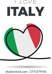 Flag of Italy. Stylized heart-shaped framed design. A continuous black line that loops to form the heart's silhouette, adding a minimalist and artistic touch. Love and patriotism for the culture