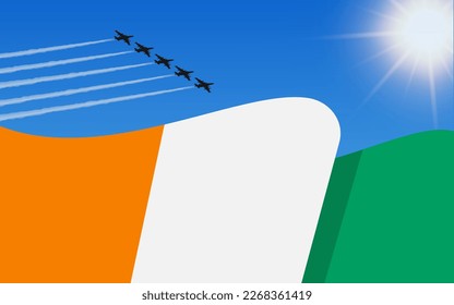 Flag of Ivory Coast and a fighter plane formation flying in the sky. 7th August Independence day Ivory Coast. Military aviation in the blue sky. Vector illustration