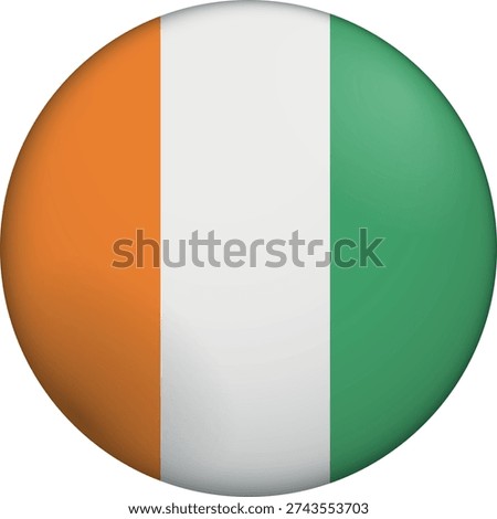 Flag of Ivory Coast. Glossy circular flag. Button appearance. 3D Icon Design with depth. Professional, tactile look. Perfect for representing national identity in digital interfaces and perfect for websites.