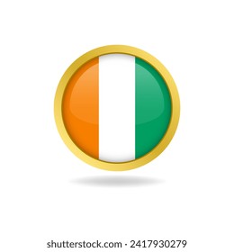 Flag of Ivory Coast with golden frame, circle round glossy button, vector design, editable eps file