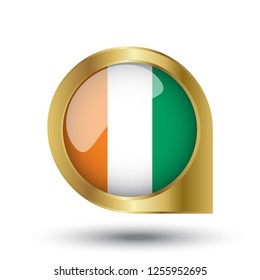 Flag of Ivory Coast, location map pin, pointer flag, button with the reflection of light and shadow, gold frame, Icon country. Realistic vector illustration on white background.