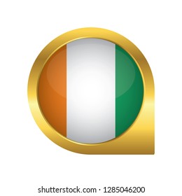 Flag of Ivory Coast, location map pin, pointer flag, button with the reflection of light and shadow, gold frame, Icon country. Realistic vector illustration on white background.