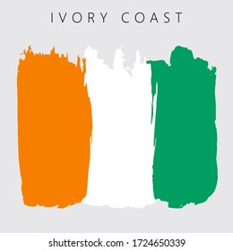 Bandera de Costa de Marfil. Ilustración vectorial sobre fondo gris. Bandera nacional con tres colores: verde, blanco y naranja. Hermosas pinceladas. Concepto abstracto. Elementos para el diseño. Textura pintada.