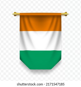 Flag of Ivory Coast. Vector illustration of a vertical hanging flag on a transparent background (PNG). 