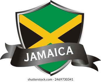 Flag of jamaica as around the metal silver shield with jamaica flag