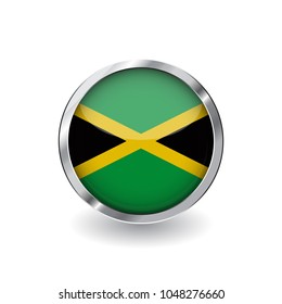 Flag of jamaica, button with metal frame and shadow. jamaica flag vector icon, badge with glossy effect and metallic border. Realistic vector illustration on white background.