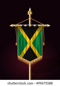 Flag of Jamaica. Festive Banner Vertical Flag with Flagpole. Wall Hangings with Gold Tassel Fringing