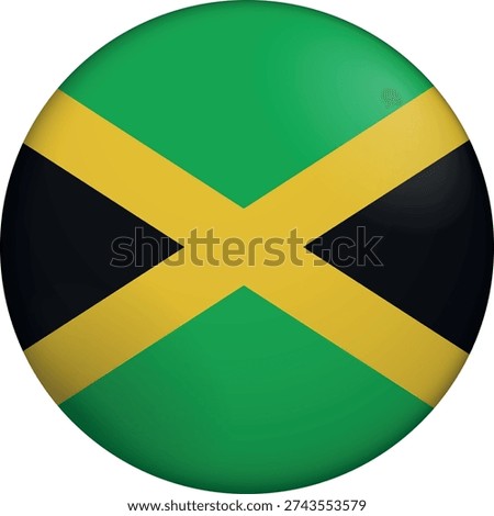 Flag of Jamaica. Glossy circular flag. Button appearance. 3D Icon Design with depth. Professional, tactile look. Perfect for representing national identity in digital interfaces and perfect for websites