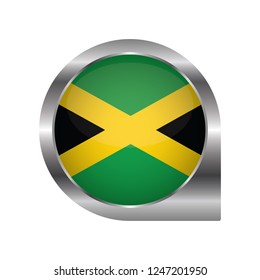 Flag of Jamaica., location map pin, pointer flag, button with the reflection of light and shadow, silver frame, Icon country. Realistic vector illustration on white background.