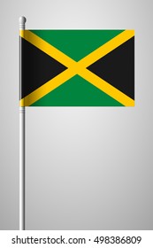 Flag of Jamaica. National Flag on Flagpole. Isolated Illustration on Gray Background