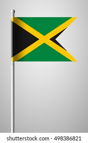 Flag of Jamaica. National Flag on Flagpole. Isolated Illustration on Gray Background