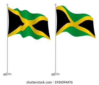 flag of Jamaica on flagpole waving in wind. Holiday design element. Checkpoint for map symbols. Isolated vector on white background