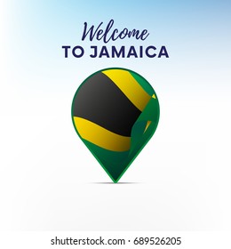 Flag of Jamaica in shape of map pointer or marker. Welcome to Jamaica. Vector illustration.