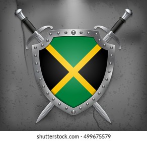 Flag of Jamaica. The Shield Has Flag Illustration. Two Crossed Swords that are Behind the Shield. Vector Medieval Background
