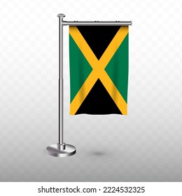 Flagge Jamaikas. Vektorgrafik einer vertikalen Hängeflagge mit Fahnenstange auf transparentem Hintergrund (PNG).