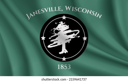 Flag Of Janesville, Wisconsin, USA. Realistic Waving Flag Of Janesville Vector Background.