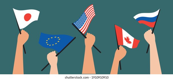 Flag of japan, eu, usa, canada, russia in hands. Flat vector stock illustration. The concept of multicultural political relations. National flags of the countries. Isolated illustration