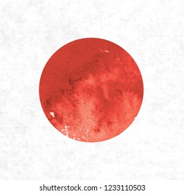 Flag of Japan hand drawn with ink. Red sun - symbol of Japan on white background
