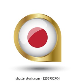 Flag of Japan, location map pin, pointer flag, button with the reflection of light and shadow, gold frame, Icon country. Realistic vector illustration on white background.