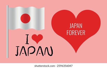 Flag of Japan. I Love Japan. Japan Forever. Set of vector elements