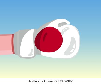 Flag of Japan on boxing glove. Confrontation between countries with competitive power. Offensive attitude. Separation of power. Template ready design.
