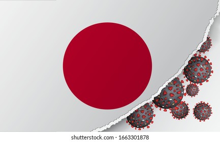 Flag of Japan with outbreak deadly coronavirus covid-19. Banner with the spread of Coronavirus 2019-nCoV virus strain. A large coronavirus bacteriums against background of the national flag Japan.