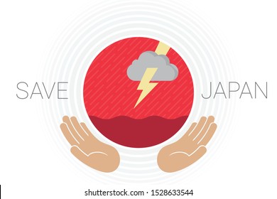 A flag of japan with rain, flood, storm cloud, thunder and two hands supporting the red sun. Light gray ripples represents the storm. Created in light of super typhoon Hagibis moving towards Japan.