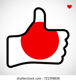 Flag of Japan in the shape of Hand with thumb up, gesture of approval, meaning Like, vector finger sign, flat design illustration.