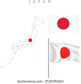 Bandera de Japón. Silueta de Japón. Símbolo nacional . Mapa de la forma y la bandera del país de Japón. Archivo Eps. Mapa de Japón con la bandera aislada en el fondo blanco, Ilustración vectorial