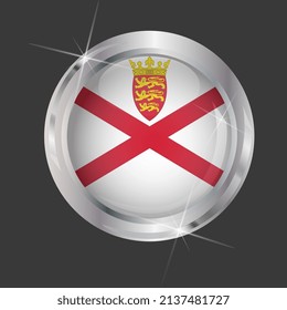 Flag of Jersey in circle. 3D effect. Glossy and shiny button with metal frame and sparkles. Light reflection. Round Graphic design element. Isolated on gray background. Vector image EPS10