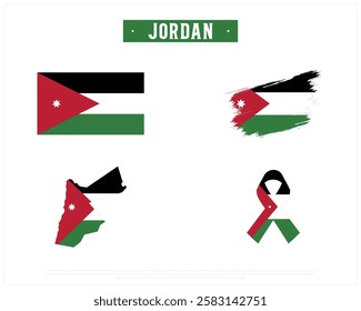 Flag of JORDAN, Brush style flag of JORDAN, Ribbon flag of JORDAN, and Map of JORDAN with flag in it on a white background, Independence Day