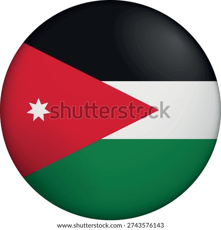 Flag of Jordan. Glossy circular flag. Button appearance. 3D Icon Design with depth. Professional, tactile look. Perfect for representing national identity in digital interfaces and perfect for websites