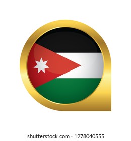Flag of Jordan, location map pin, pointer flag, button with the reflection of light and shadow, gold frame, Icon country. Realistic vector illustration on white background.