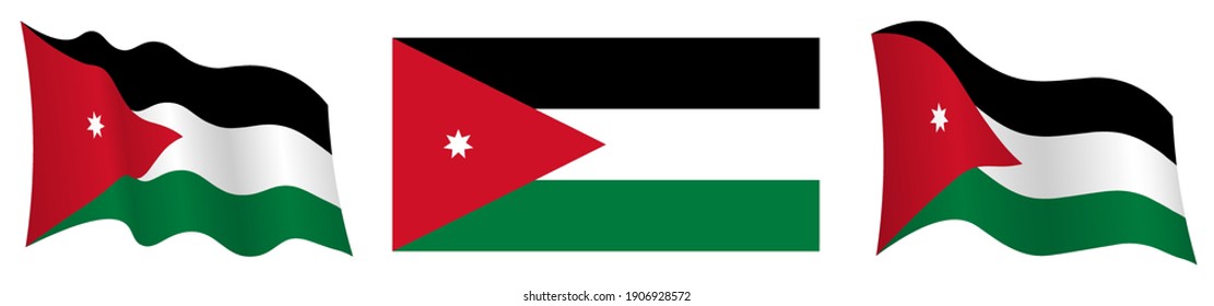 bandera de Jordania en posición estática y en movimiento, balanceando en viento en colores y tamaños exactos, sobre fondo blanco