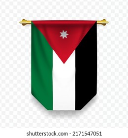 Bandera de Jordania. Ilustración vectorial de una bandera vertical colgante sobre un fondo transparente (PNG). 