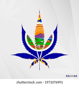 Flag of Kansas in Marijuana leaf shape. The concept of legalization Cannabis in Kansas. Medical cannabis illustration.