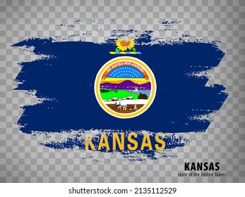 Flag of Kansas State from brush strokes. United States of America.  Flag State of Kansas with title on transparent background for your web site design, app, UI. USA. Vector illustration. EPS10.