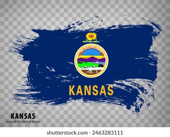 Flagge des Staates Kansas von Pinselstrichen. Vereinigte Staaten von Amerika.  Waving Flag State of Kansas mit Titel auf transparentem Hintergrund für Ihre Website Design, App, UI. USA. Vektorillustration. EPS10.