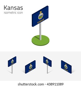 Flag of Kansas (State of Kansas, USA), vector set of isometric flat icons, 3D style, different views. Editable design element for banner, website, presentation, infographic, poster, map, card. Eps 10
